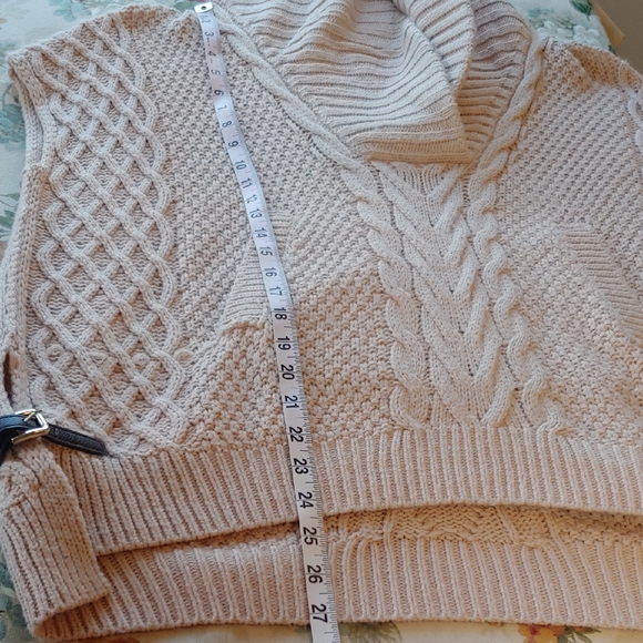 Saks Fifth Ave Wool Blend Cream Cable Knit Cowl Sweater with Side Belts Small - Picture 13 of 16